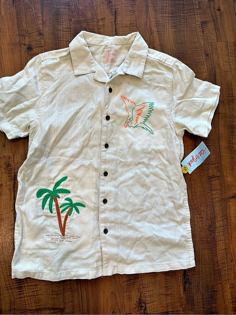 Cat & Jack Embroidered Tropical Vacation Button Down Shirt in Cream Size L